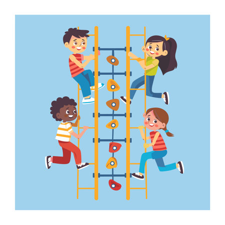 Four children climbing playing colorful jungle gym, happy active. Diverse ethnicity boys girls enjoying playground equipment, casual clothing. Cartoon kids playing outside, climbing structure blueのイラスト素材