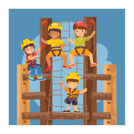 Four children climbing playground equipment, wearing helmets harnesses safety. Diverse kids enjoying adventurous play, climbing nets wooden ladder play structure. Cartoon illustration joyfulのイラスト素材