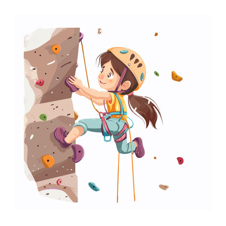 Young girl rock climbing indoors, wearing helmet, harness, focused expression. Child engaging adventure sport activity, cartoon style, colorful holdsのイラスト素材