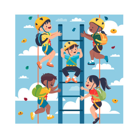 Diverse group cartoon kids climbing outdoor rock wall, children engage sport climbing. Young climbers wearing safety helmets harnesses practicing climbing wall grips. Cheerful animated kids enjoyingのイラスト素材