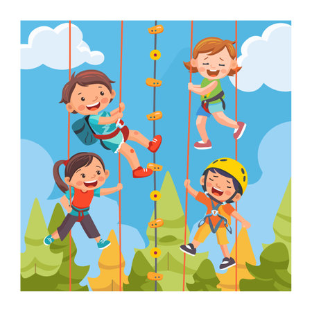 Children climbing high ropes course adventure park. Happy kids fun activity outdoor play climbing gear harness safety helmet. Boys girls enjoying rope course challenge trees sunny sky backgroundのイラスト素材