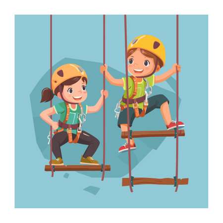 Two children practicing rock climbing indoors, climbing wall ropes, happy adventurous kids. Young climbers helmets, harnesses enjoy sport, healthy lifestyle, recreational activity. Cartoonのイラスト素材