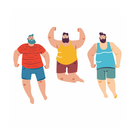 Three cartoon men, different body shapes, exercising, showing off muscles, fitness activity. Men beards, diverse clothing, colors red, yellow, blue, happy facial expressions, strength displayのイラスト素材
