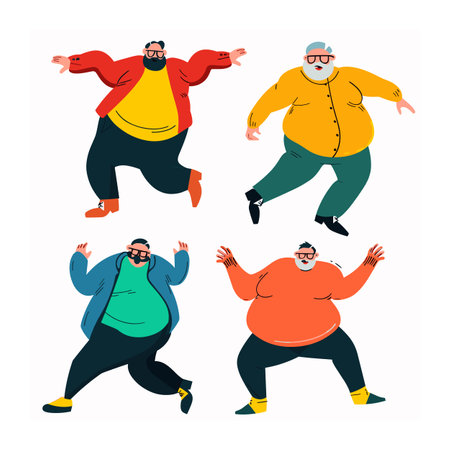 Four cartoon men dancing joyfully, displaying different dynamic moves poses. Characters feature bright colored clothing, glasses, distinct facial hair. Illustration conveys happiness, movementのイラスト素材