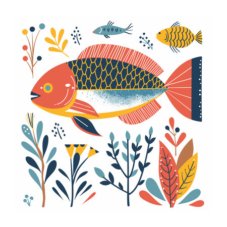 Colorful stylized fish surrounded aquatic plants smaller fish, marine life illustration. Bold colors patterns fauna, flat graphic style, underwater scene. Decorative art ocean creatures floraのイラスト素材