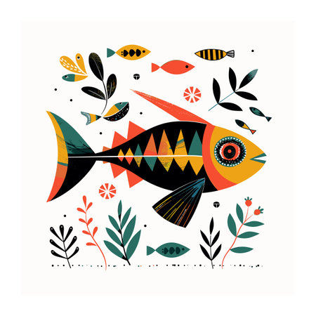 Colorful fish surrounded smaller fish, aquatic plants, decorative elements. Vibrant marine life illustration featuring patterned fish. Artistic underwater scene folk art inspired fish designのイラスト素材