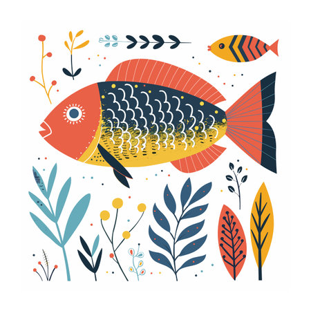 Colorful stylized fish surrounded various plants smaller fish, artistic underwater scene. Decorative aquatic life illustration, ocean flora fauna, vibrant hues patterns. Abstract nature art, seaのイラスト素材