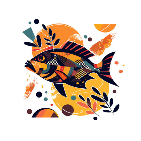 Colorful abstract fish surrounded various shapes splashes. Artistic representation marine life patterned design elements. Tropical fish illustration featuring vivid colors geometric patternsのイラスト素材