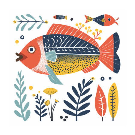 Colorful fish illustration surrounded foliage smaller fish. Artistic fish design patterns ocean flora vibrant colors. Cartoon decorative elements nature motifs, ideal childrens bookのイラスト素材
