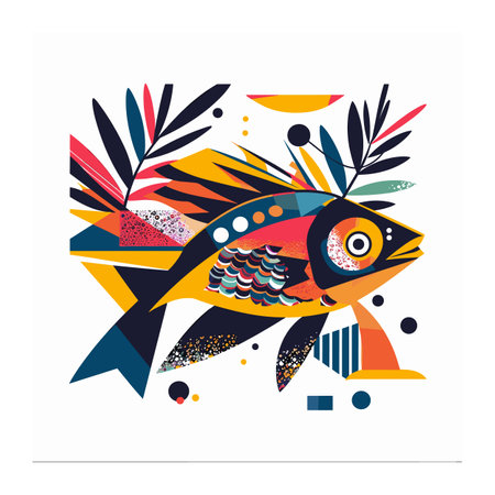 Colorful abstract fish illustration featuring geometric patterns, mixed textures, vibrant hues yellow, orange, red, blue. Stylish modern fish design, perfect art prints, dcor, creative projectsのイラスト素材