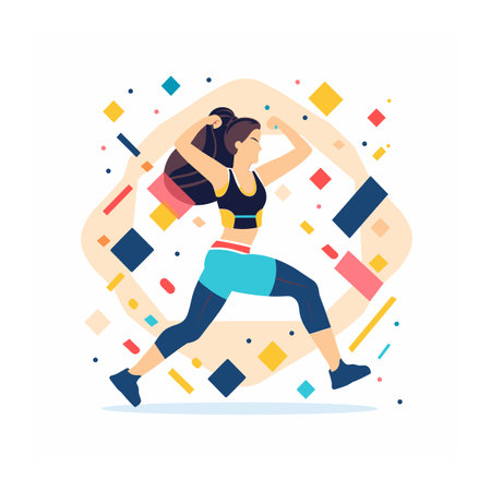 Young female athlete running dynamic abstract geometric shapes background. Sportswoman sprinting fitness exercise modern colorful design. Energetic jogger workout athletic trainingのイラスト素材