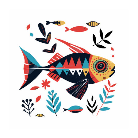 Colorful fish surrounded smaller fish, aquatic plants, decorative elements. Vibrant marine life illustration featuring patterned fish. Artistic underwater scene folk art inspired fish designのイラスト素材