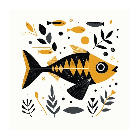 Stylized fish surrounded various marine elements, artistic graphic. Abstract yellow black fish, modern design, aquatic theme. Decorative fish artwork, natureinspired elements, botanical motifsのイラスト素材