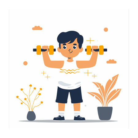 Young boy exercises lifting dumbbells, healthy lifestyle concept. Indoor home workout, male character sportswear, fitness activity. Plant pot, decorative elements, simple flat designのイラスト素材