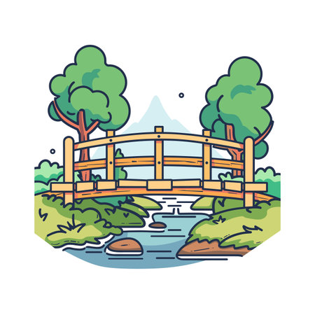 Wooden bridge over stream mountain background, lush greenery trees, tranquil peaceful nature scene, cartoon style. Clear blue sky behind serene landscape wooden structure, countryside outdoorのイラスト素材