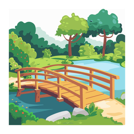 Wooden bridge crossing serene river picturesque forest scene. Lush greenery vibrant foliage around calm water reflect tranquil nature setting. Colorful cartoon style bridge focal pointのイラスト素材