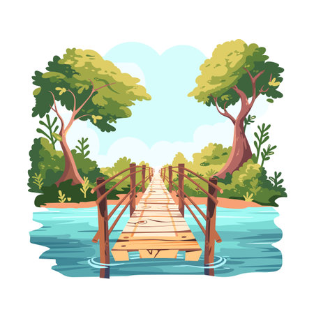 Wooden bridge over river leading into lush greenery, tranquil nature scene, serene landscape. Trees dense foliage flank path across calm waters, peaceful outdoor getaway. Cartoon style scenic natureのイラスト素材