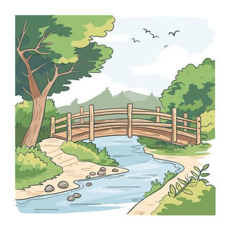 Wooden bridge over peaceful river countryside landscape. Lush green trees around water stream, tranquil nature scene illustration. Cartoon style wooden bridge, riverbank, nature backdropのイラスト素材