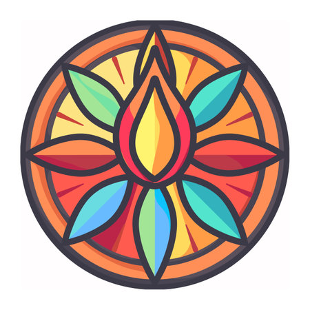 Colorful stained glass design featuring symmetrical floral pattern. Vibrant colors geometric shapes form mandalastyle artwork. Circle frame multicolored petal leaf shapes, ideal decorationのイラスト素材