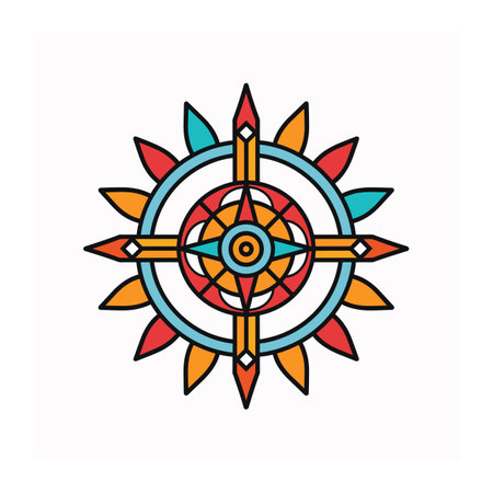Colorful compass rose design featuring bright hues geometric shapes. Nautical compass symbol uses vibrant orange, red, blue, yellow colors. Stylized graphic perfect navigation themes maritime decorのイラスト素材