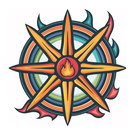 Colorful compass rose illustration featuring fire center. Nautical compass graphic vibrant colors flames. Detailed drawing perfect navigation themes, isolated white backgroundのイラスト素材