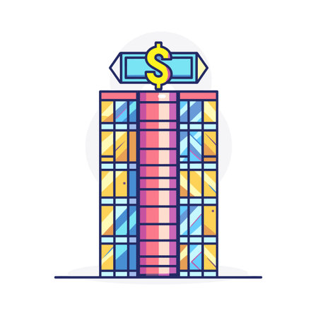 Colorful skyscraper building topped neon dollar sign, representing commercial real estate, business finance, downtown corporate office structure. Stylized vector illustration, vibrant colors, clearのイラスト素材