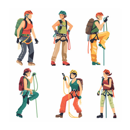 Collection climbers wearing helmets, harnesses, backpacks prepared mountaineering. Various poses male female climbers climbing gear showing readiness, rest, action. Modern flat vector illustrationのイラスト素材