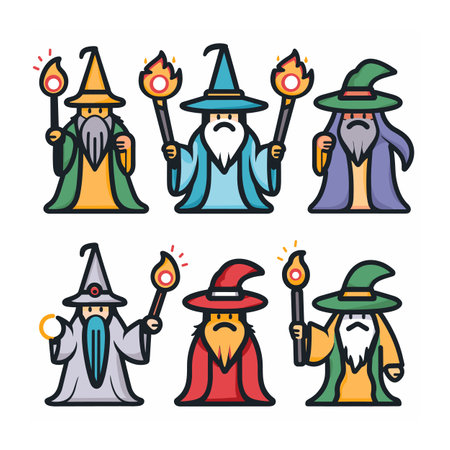 Six wizards various robes hats holding flaming staves magical powers cartoon style colorful. Fantasy sorcerers beards illustrating different magic abilities costumes vibrant colors. Stylized cartoonのイラスト素材