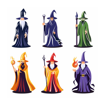 Set six colorful wizards wearing pointy hats holding magical staffs wands, standing different postures, wizard features unique color scheme design, implying various magical specialties. Elementsのイラスト素材