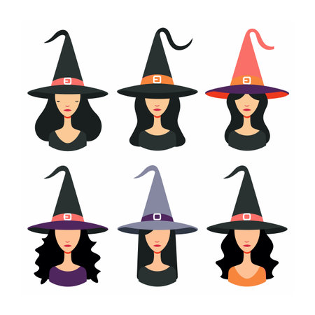 Six stylized female witch characters wearing pointy hats. Different color hats represent various magical archetypes. Simplistic, flat design ideal Halloween themed materialsのイラスト素材