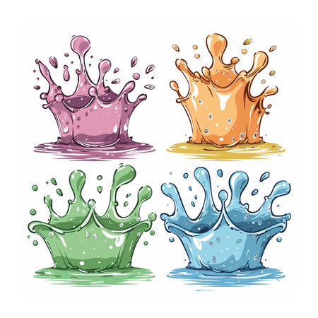 Four colorful liquid splashes cartoon style, splashing paint juice purple, orange, green, blue. Dynamic motion liquid splatter, vibrant color droplets, freshness concept illustration. Handdrawnのイラスト素材