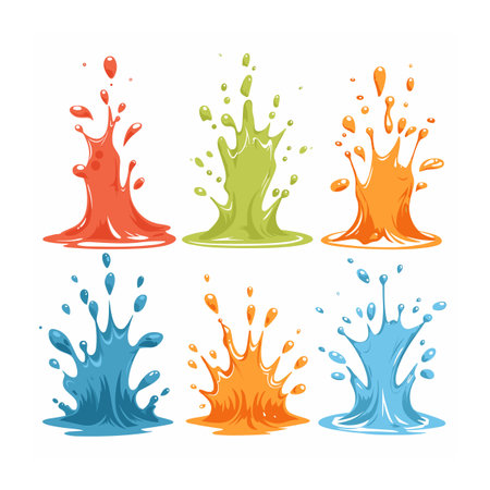 Six cartoon paint splashes various colors isolated white background. Top row red, green, orange splashes bottom row blue yellow dynamic droplets. Colorful liquid splash graphic fun design, playfulのイラスト素材