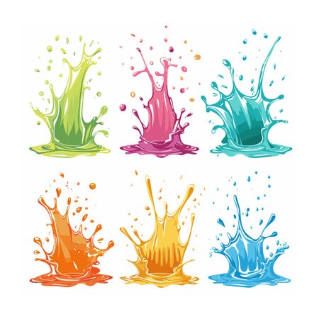 Colorful liquid splash vector illustrations isolated white. Six splashes, vibrant paint colors green, pink, blue, orange, yellow, light blue. Ideal designs depicting motion, energy, creativityのイラスト素材