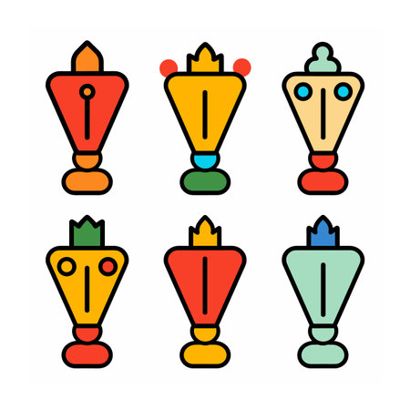 Six colorful vector icons resembling stylized chess pieces totems faces crowns, icon features unique facial expressions crown designs against isolated white background. Bright primary secondaryのイラスト素材