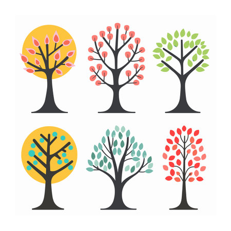 Set stylized trees showing different seasons, colorful leaves ranging green, yellow red. Simplistic flat design, circular backgrounds highlighting seasonal changes. Trees graphic representationのイラスト素材