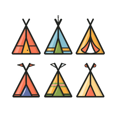 Collection colorful teepee tents designed modern flat style, teepee showcases different color combinations patterns. Teepees set against isolated white background, suitable camping adventure themedのイラスト素材