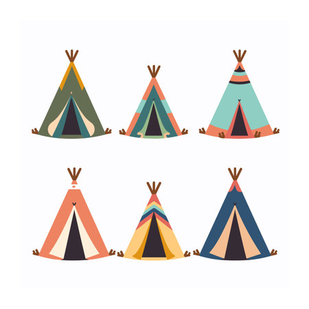 Collection colorful teepees designed flat style. Various patterns hues decorate tent illustration. Set whimsical tribal teepees suitable childrens book illustrationsのイラスト素材