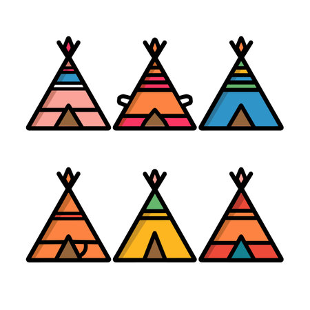 Six colorful teepees designed modern, simplistic style, teepee features unique color combinations graphic patterns. Set against clean white background suitable various applicationsのイラスト素材