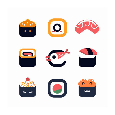 Sushi set vector icons isolated white background. Flat design sushi rolls, nigiri, sashimi collection. Japanese cuisine, diverse types colorful illustrationのイラスト素材