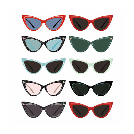 Assorted collection fashionable sunglasses various shapes colors. Stylish eyewear set retro modern designs isolated white background. Trendy accessory lenses frames different styles fashionのイラスト素材