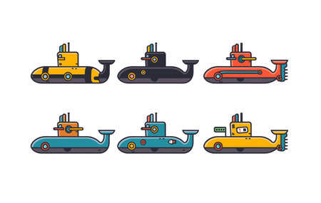 Colorful submarines cartoon vector illustration white background. Five different submarines, unique colors designs. Submarines feature periscopes, propellers, portholesのイラスト素材