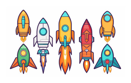Colorful rockets vector illustration isolated white background. Cartoon style spacecraft designs space exploration themes. Six various rockets flames showing propulsion speedのイラスト素材