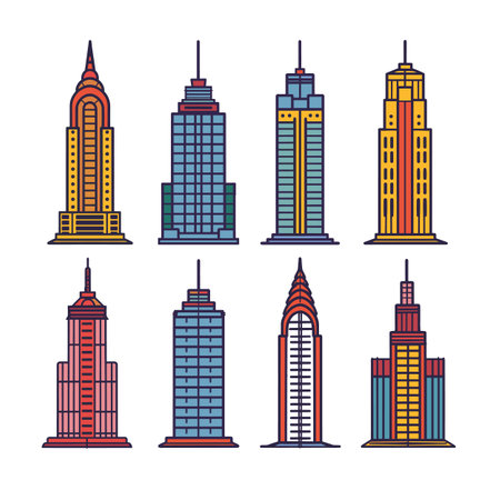 Set colorful skyscraper illustrations, different building architectures, skyscrapers icons set. Collection urban skyscrapers, modern city skyline, flat design buildings isolated white backgroundのイラスト素材