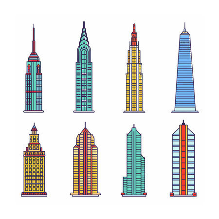 Eight colorful skyscrapers displayed, linear vector illustration tall buildings. Skyscrapers various styles, colors including red, blue, yellow, green. Collection urban highrise architecturesのイラスト素材