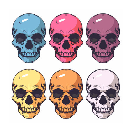 Six colorful skulls neatly arrayed, vibrant hues catch eyes, skull shaded uniquely, expressing variety single concept. Cartoon style skulls, depiction mortality twist playfulnessのイラスト素材