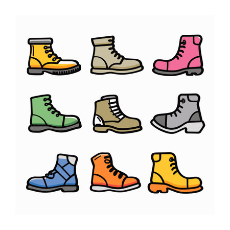 Collection various boots different colors styles. Boots designed flat vector style. Footwear includes work boots, casual boots, colorfulのイラスト素材