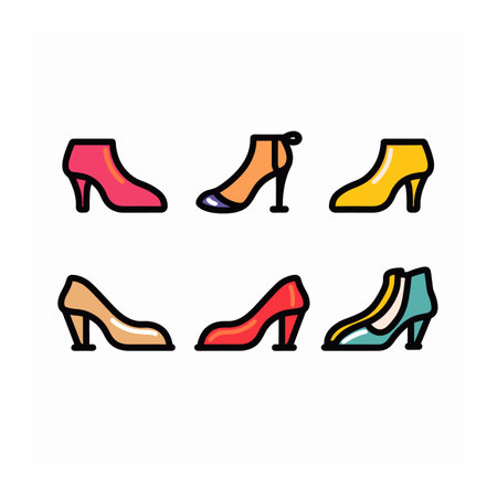 Stylish collection womens shoes, vibrant colors, fashion accessories, six different designs. Trendy footwear illustrations, colorful high heels, ankle boots, Isolated white background. Womens shoeのイラスト素材