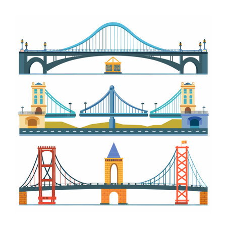 Collection iconic bridge illustrations, representing various famous bridge designs, detailed colorful. Arch suspension bridges depicted, landmark engineering urban environment, flat graphic styleのイラスト素材