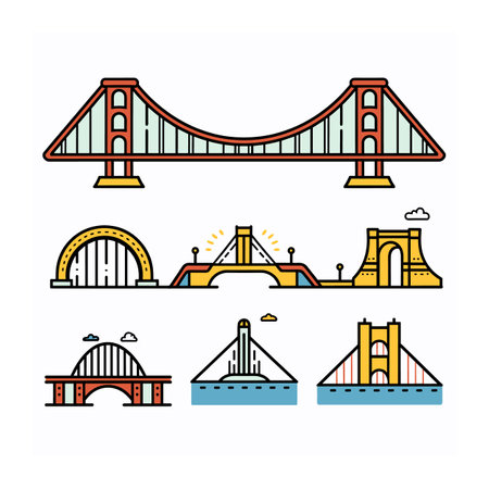 Collection colorful bridge icons isolated white background, featuring different designs such suspension, arch, cablestayed bridges, bridge stylized vibrant colors, clear outlines, simple geometricのイラスト素材