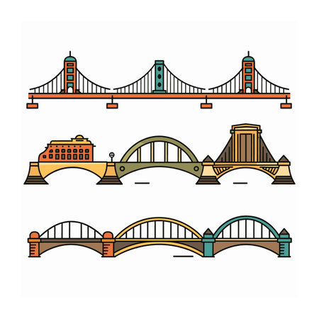 Three famous bridges drawn colorful, simplified style. Top bridge resembles Golden Gate, middle one resembles Sydney Harbour, bottom bridge suggests Londons Tower Bridge, features distinctiveのイラスト素材